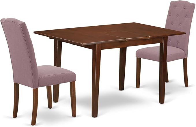 East West Furniture NOCE3-MAH-10 3 Piece Small Dinette Set Contains a Rectangle Butterfly Leaf Dining Table and 2 Dahlia Linen Fabric Upholstered Chairs, 32x54 Inch, Mahogany