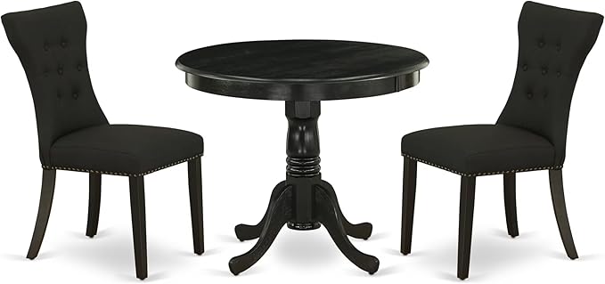 East West Furniture ANGA3-ABK-24 3 Piece Dinette Set for Small Spaces Contains a Round Kitchen Table with Pedestal and 2 Black Linen Fabric Parson Dining Chairs, 36x36 Inch, Wirebrushed Black