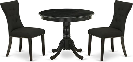 East West Furniture ANGA3-ABK-24 3 Piece Dinette Set for Small Spaces Contains a Round Kitchen Table with Pedestal and 2 Black Linen Fabric Parson Dining Chairs, 36x36 Inch, Wirebrushed Black