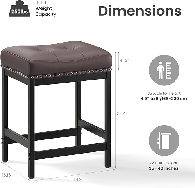 MALOL Set of 6 Saddle Bar Stools Counter Height 24.4”, Backless Barstools for Kitchen Island, Modern PU Leather Cushioned Seat, Bar Chairs for Kitchen Counter, Breakfast Bar Stools for Home,Brown