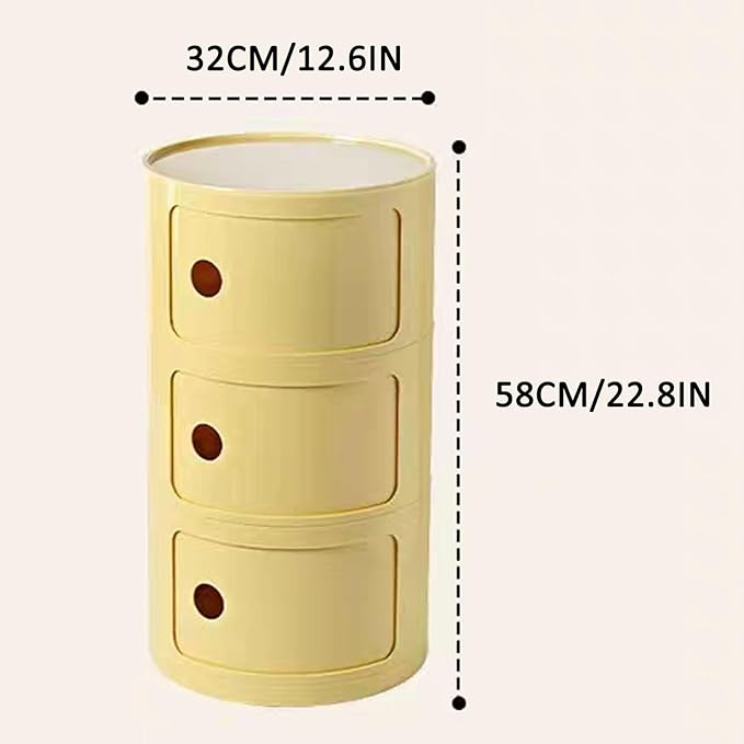 3 Tier Round Nightstand with Drawers, Light Yellow Round Side Table Small Plastic Storage End Table Suitable for Bedroom, Living Room, Bathroom (Light Yellow)