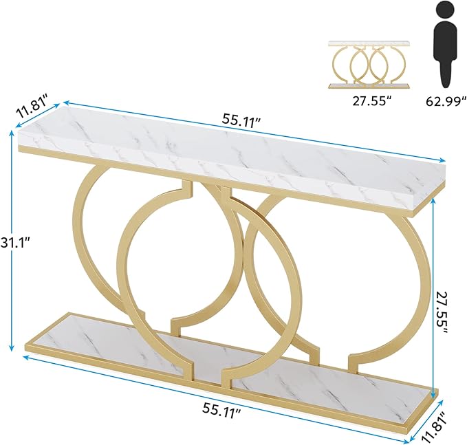 LITTLE TREE 55 inch Faux Marble Gold Console Table Modern Entryway Table Narrow Long Sofa Table Accent Table for Living Room, White and Gold