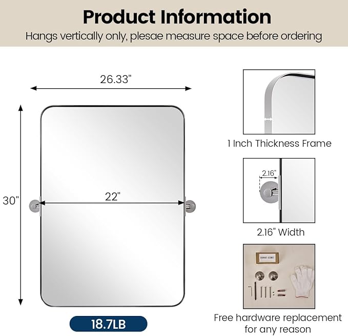 MOON MIRROR Polished Chrome Pivot Mirror for Bathroom, Tilt Bathroom Vanity Rounded Rectangle, Overall 26.33 x 30 in (Mirror 22x 30 in)