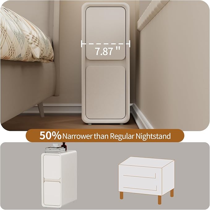 VICITON Modern Narrow Faux Leather Nightstand, Solid Wood Drawer, Storage Accent Table, Small Side End Table for Bedroom (Cream White, Narrow)