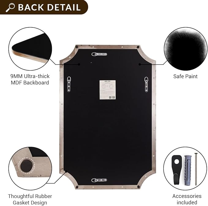 ANDY STAR Brushed Nickel Mirror 24x32 Inch, Scalloped Bathroom Mirror, Silver Rectangle Mirror in Anti-Rust Stainless Steel Metal Thin Frame Deep 1", Horizontal/Vertical