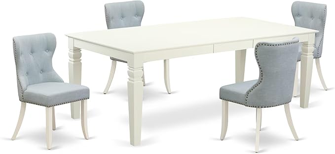 East West Furniture LGSI5-LWH-15 5 Piece Dinette Set Includes a Rectangle Dining Room Table with Butterfly Leaf and 4 Baby Blue Linen Fabric Parson Dining Chairs, 42x84 Inch, Linen White
