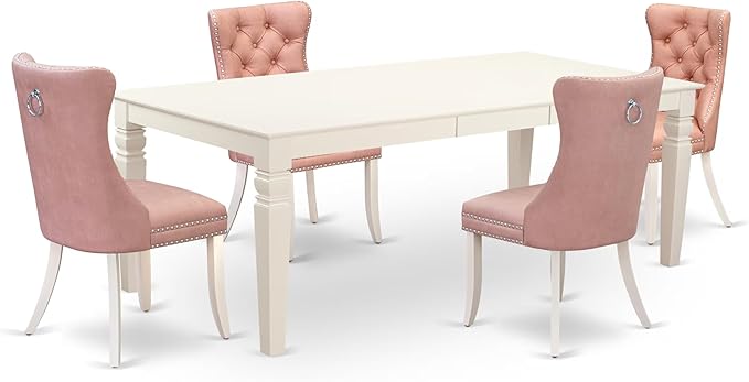 East West Furniture LGDA5-LWH-23 5 Piece Dining Set Contains a Rectangle Kitchen Table with Butterfly Leaf and 4 Polyester Fabric Upholstered Chairs, linen white