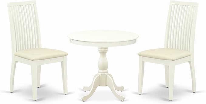East West Furniture AMIP3-LWH-C 3 Piece Dining Set Contains a Round Dining Room Table with Pedestal and 2 Linen Fabric Upholstered Chairs, 36x36 Inch, Linen White