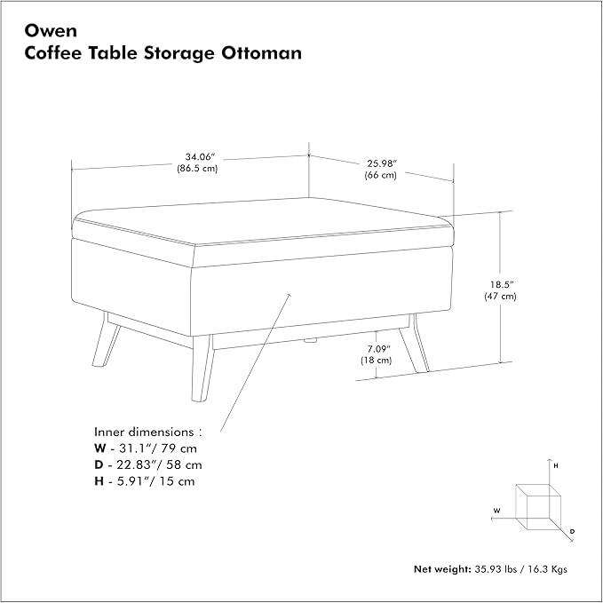 SIMPLIHOME Owen 34 inch Wide Mid Century Modern Rectangle Coffee Table Storage Ottoman in Distressed Black Vegan Faux Leather, Assembled, for the Living Room, Entryway and Family Room