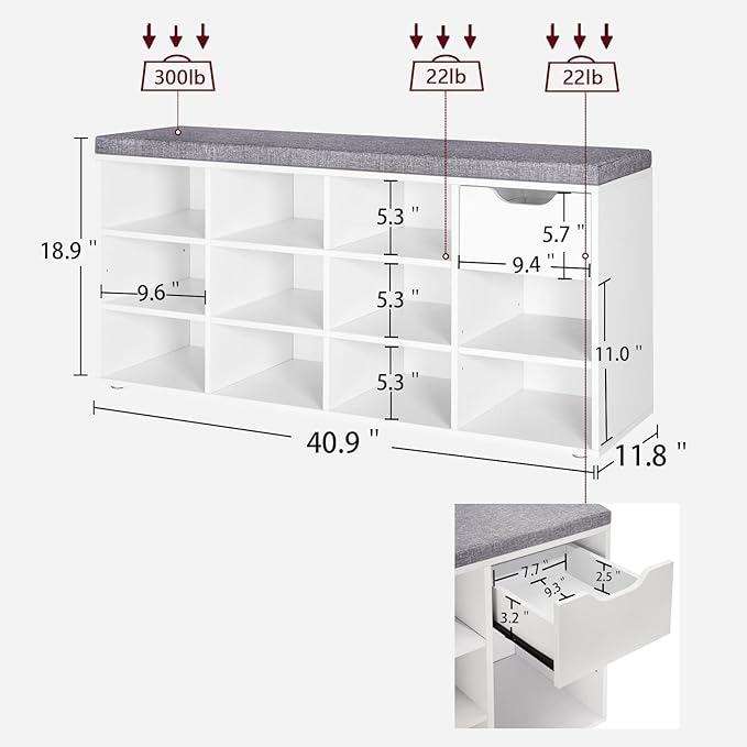 DINZI LVJ Shoe Bench, Entryway Storage Bench with Drawer and 11 Cubbies, Cubby Shoe Rack with Adjustable Shelves, Shoe Organizer Cabinet for Living Room, Bedroom, Mudroom, Closet and Garage, White
