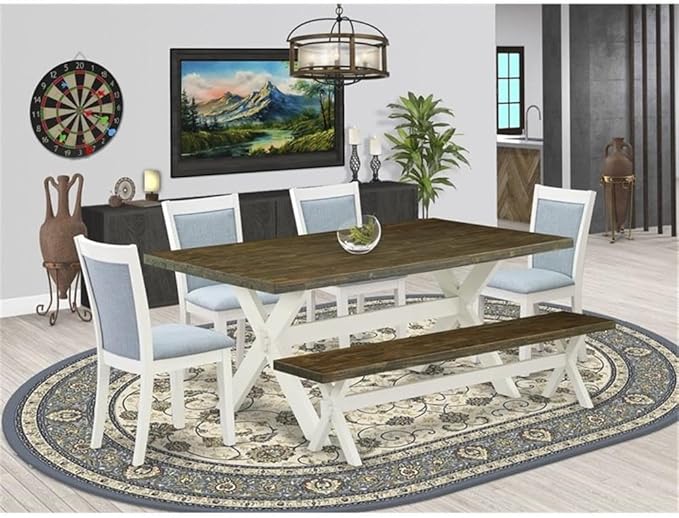East West Furniture X077MZ015-6 6 Piece Dining Table Set Contains a Rectangle Kitchen Table with X-Legs and 4 Baby Blue Linen Fabric Upholstered Chairs with a Bench, 40x72 Inch, Multi-Color