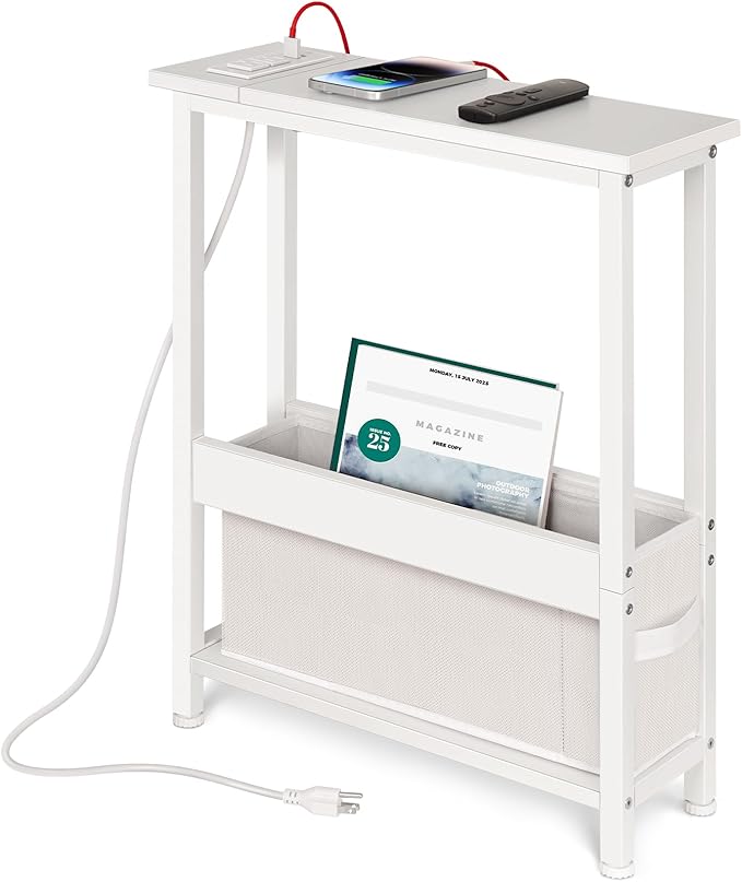 Slim Charging End Table with Storage - for Small Spaces and Bedroom (White)