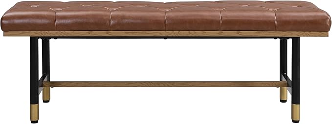Modern Faux Leather Bench for Living Room and Bedroom, End of Bed Entryway Bench with Solid Metal Shelf, Padded Seat, Brown