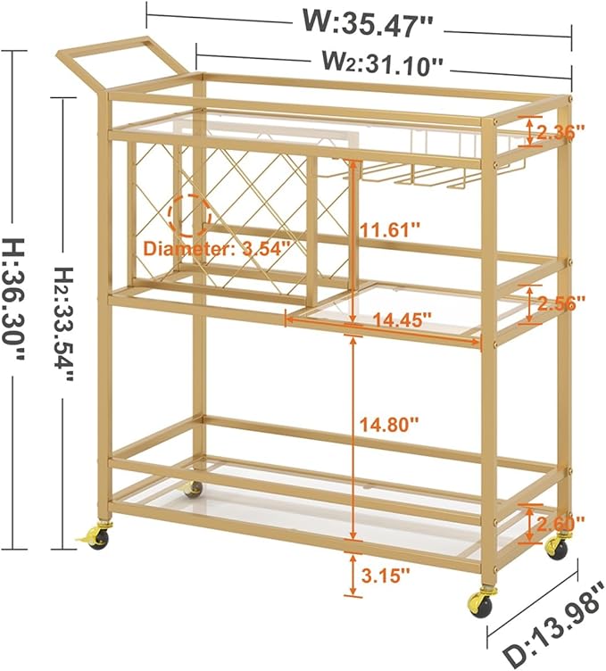 FATORRI Bar Cart Gold, Home Bar Serving Cart with Wine Rack and Glasses Holder, Wine Carts on Wheels with 3 Tier Mirrored Shelves for Liquor and Beverage (Gold)