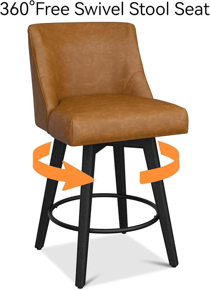 Counter Height Bar Stools Set of 3, Modern Swivel Barstools with Back and Wood Legs, Faux Leather Upholstered Bar Chairs, 26" H Kitchen Counter Stools, Kitchen Island Home Bar, Whisky Brown