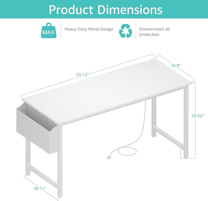 Lufeiya White Computer Desk with Power Outlet, 55 inch Teen Study Table Home Office Work Writing Gaming Desks with Charging Station Outlets Built in, White