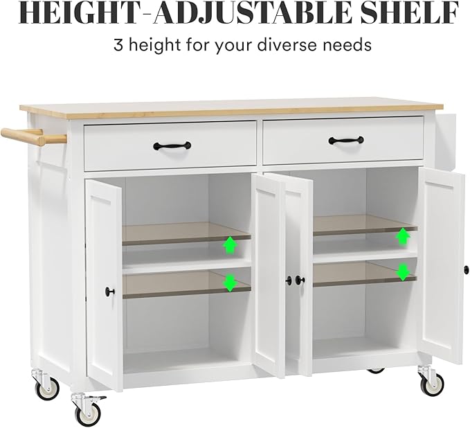 Rovibek Kitchen Island on Wheels Large in Rolling Island Wood Mobile Portable Kitchen Islands White with Drawers Cabinet Spice Rack Towel Rack Storage Pure White