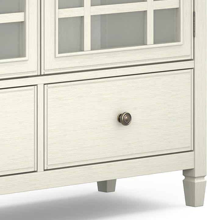SIMPLIHOME Connaught SOLID WOOD 46 inch Wide Traditional Tall Storage Cabinet in Antique White for the Living Room, Entryway and Family Room