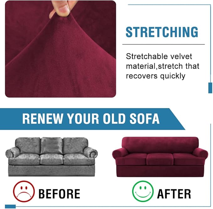 H.VERSAILTEX Sofa Cover 4 Piece T Cushion Sofa Slipcovers Thick Velvet Couch Cover Furniture Protector Stretch T Cushion Sofa Covers for 3 Cushion Couch with 3 Individual T Cushion Covers, Burgundy