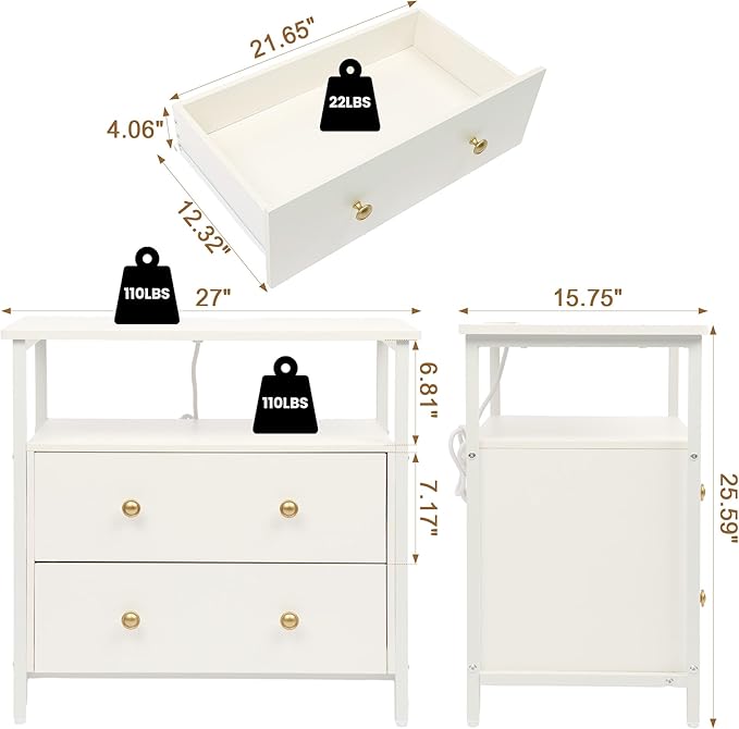 27 inch Wide Nightstand with Charging Station, Bedside Table with Open Shelf, 2 Drawers Small Wood Dresser, End Side Table for Bedroom (White)