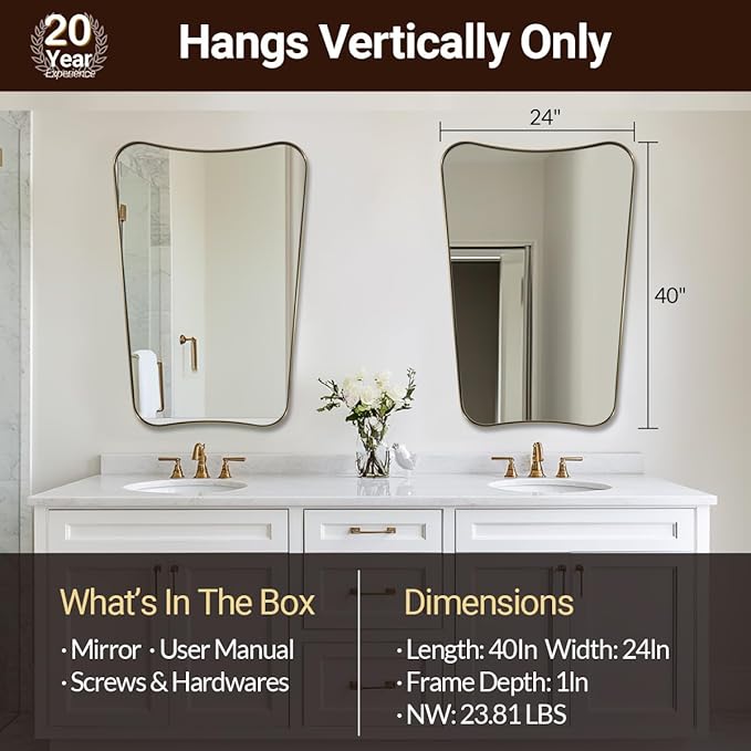 ANDY STAR 24x40 Inch Mirror, Brushed Gold Bathroom Mirror for Over Sink, Large Decorative Wall Mirror with Stainless Steel Frame, Anti-Rust, Italian Luxury Style Home Decor