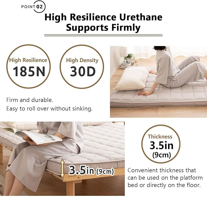 EMOOR Japanese Padded Futon Mattress Machi Full Gray, Gusset Foldable Storable Elastic Bands Floor Sleeping Guest Bed Tatami Mat