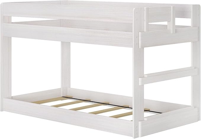 Max & Lily Modern Farmhouse Low Bunk Bed, Twin-Over-Twin Bed Frame For Kids, White Wash