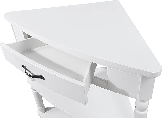 GDFStudio Trmxmbi 3 Tier Corner Console Table with 1 Storage Drawers and Shelves, 33.8'' Rustic Wood Triangle Sofa End Table for Small Spaces, Solid Wood Legs, Milk White