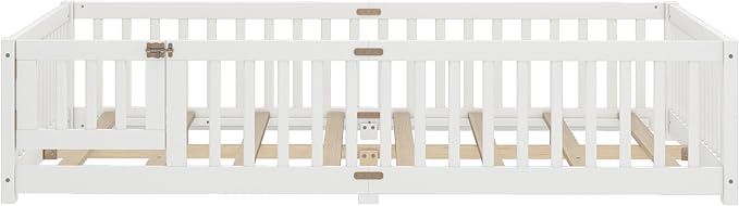 Queen Size Floor Bed Frame with Slats and Safety Guardrail, Wood Queen Size Montessori Floor Bed with Door and Fence, Easy Assemble Montessori Beds for Kids, Girls, Boys, White