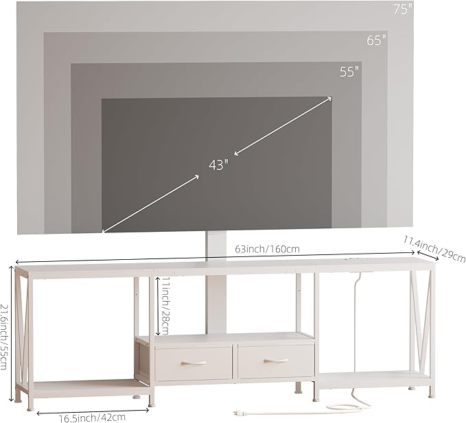 63" W TV Stand with Mount for 55,65,75" TV,Entertainment Center with Power Outlet and Led Lights,Height Adjustable TV Console Table with Open Storage Shelves and Fabric Drawers (White, 63" W)
