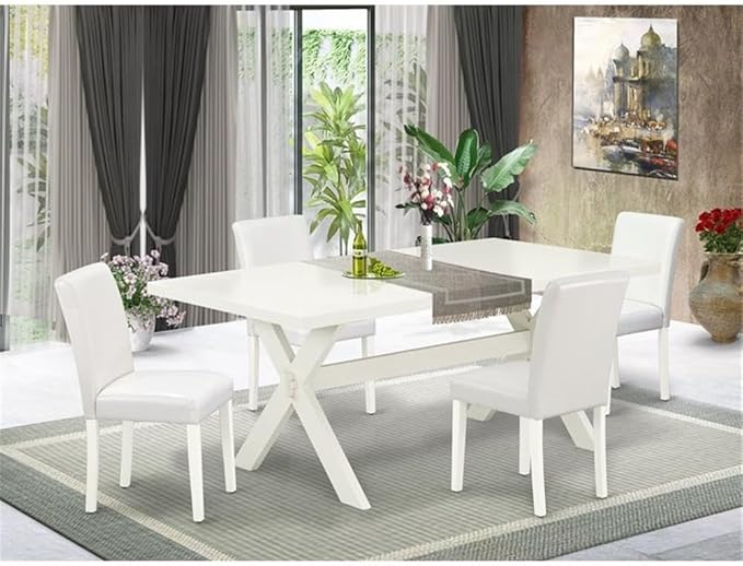 East West Furniture X027AB264-5 5 Piece Dining Table Set Includes a Rectangle Dining Room Table with X-Legs and 4 White Faux Leather Parsons Chairs, 40x72 Inch, Multi-Color