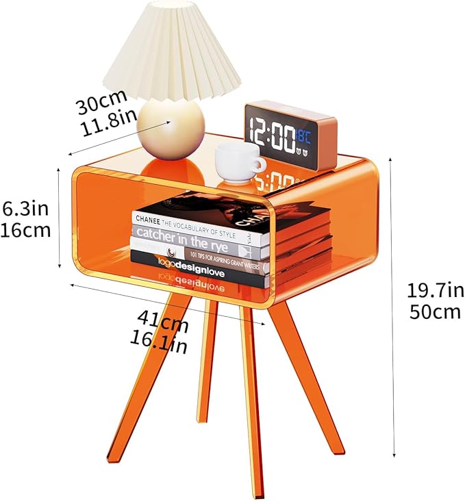 Acrylic Side Table, Acrylic Nightstand Bedside Table for Bedroom (Orange, 16.1'' x 11.8'' x 19.7'')