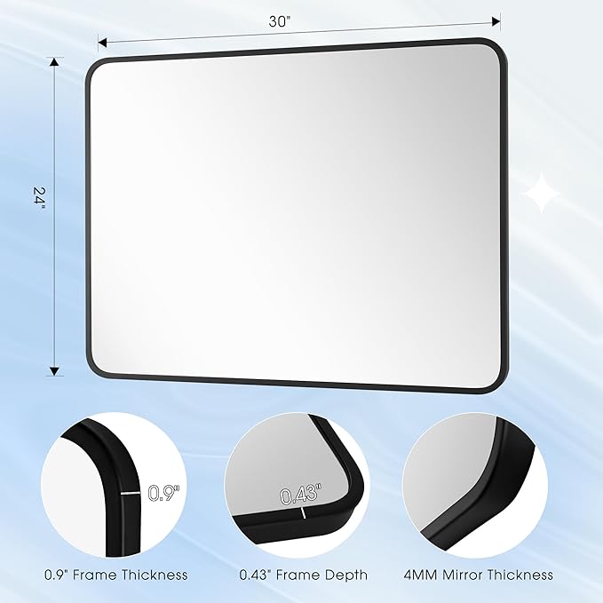 24x30 Inch Rectangle Bathroom Mirror with Black Metal Frame, Rounded Corner Rectangular Vanity Mirror for Wall, Modern Large for Bedroom, Living Room, Horizontal or Vertical