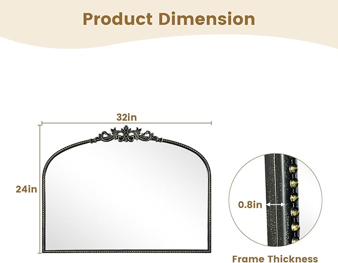 WallBeyond Black Antique Arched Vintage Wall Mirror, 24x32 Inch, Iron Frame, Bathroom, Living Room, Entryway