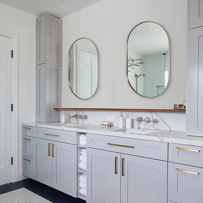 ANDY STAR 26x38’’ Brushed Nickel Oval Bathroom Mirror, Pill-Shaped Nickel Mirror Metal Framed, Stainless Steel Anti-Rust, Wall-Mounted Vertical/Horizontal