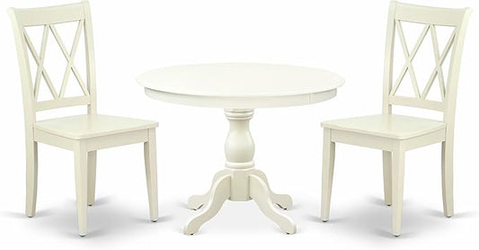 East West Furniture HBCL3-LWH-W 3 Piece Dinette Set for Small Spaces Contains a Round Dining Table with Pedestal and 2 Dining Chairs, 42x42 Inch, Linen White
