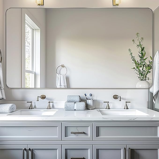 ANDY STAR Brushed Nickel Mirrors for Bathroom Sink, 24x48 Inch Bathroom Vanity Mirror with Rectangular Metal Frame-Modern Clean Design with Superior Stainless Steel Frame