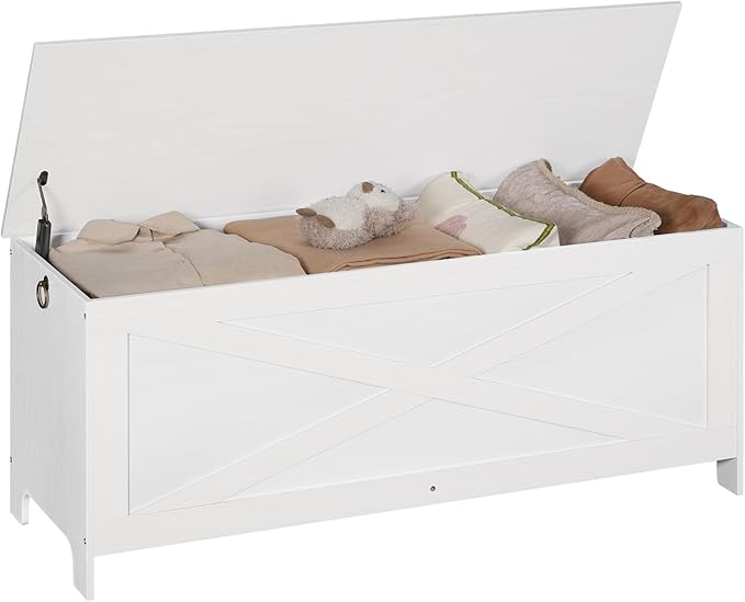47.2" Toy Chest, Sturdy Entryway Storage Chest with Safety Hinge, Retro Toy Box, Wooden Look Accent Furniture for Living Room, Bedroom, White SCBW48801