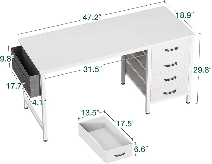 Casaottima 48-Inch Computer Desk with 4 Fabric Drawers — Home Office Desks with Storage, Writing Desk with Side Hook and Cloth Bag, Modern Study/Work Table for Bedroom and Small Space, White
