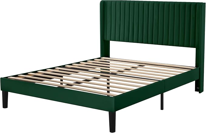 Allewie Full Size Bed Frame/Velvet Upholstered Platform Bed/Vertical Channel Tufted Wingback Headboard/Strong Wooden Slats/No Box Spring Needed/Easy Assembly/Green