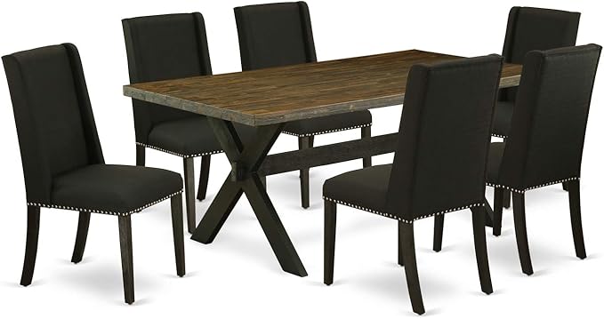 East West Furniture X677FL624-7 7 Piece Modern Dining Table Set Consist of a Rectangle Wooden Table with X-Legs and 6 Black Linen Fabric Parson Dining Chairs, 40x72 Inch, Multi-Color