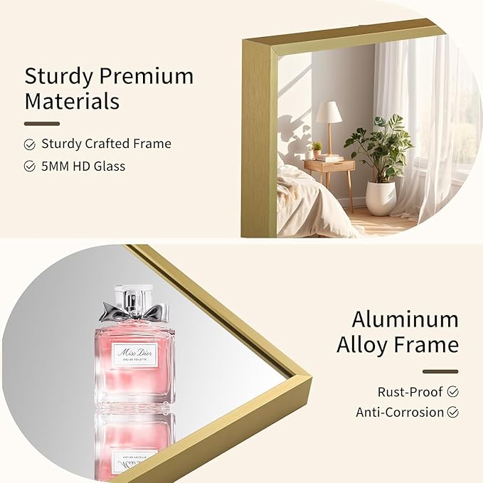 Brushed Gold Mirror, 16x20 Inch Aluminum Framed Rectangle Mirror, Anti-Rust, Tempered Glass, Square Corner Wall Mirror for Over Sink, Vanity, Bedroom, Entryway, Horizontal/Vertical