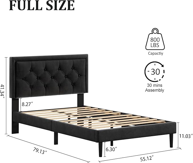 Full Size Platform Bed Frame with Upholstered Velvet Button Tufted Headboard, Mattress Foundation with Wooden Slat Support, No Box Spring Needed, Easy Assembly, Noise Free, Black