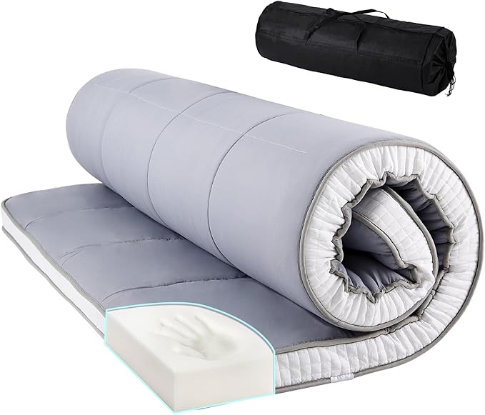 Tiita Queen Memory Foam Mattress Topper, 4" Thicken Futon Floor Mattress with Storage Bag and 2 Straps, Portable Roll Up Travel Car Camping Mattress Sleeping Pad, Grey