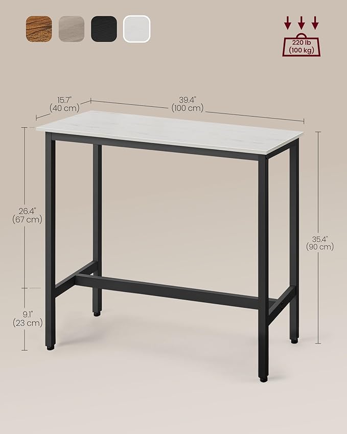 VASAGLE Bar Table, Narrow Long Kitchen Dining Table, Sturdy Metal Frame, Industrial, 15.7 x 39.4 x 35.4 Inches, Rustic White and Ink Black ULBT010B73