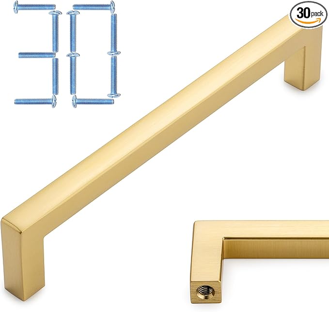 KOOFIZO 30-Pack Solid Square Bar Cabinet Handle - Brushed Gold Furniture Pull, 5 Inch/128mm Screwhole Distance for Kitchen Cupboard Door, Bedroom Dresser Drawer, Bathroom Wardrobe Hardware