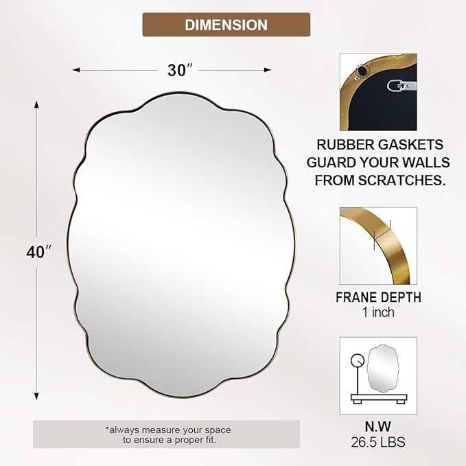 ANDY STAR Oval Bathroom Mirror, 30x40 Inch Scalloped Wall Mirror, Modern Brushed Gold Wavy Mirror, Anti-Rust Brass Metal Mirror for Bathroom Hang Vertical or Horizontal