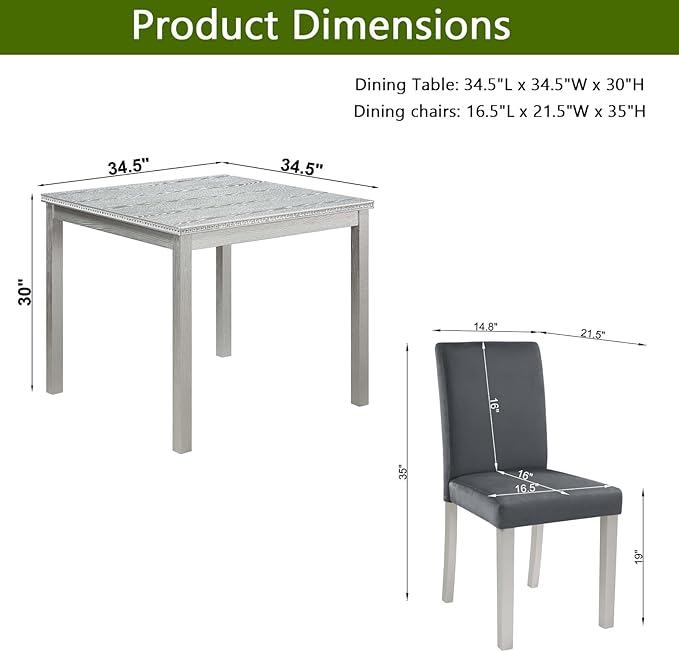 KEIKI 5-Piece Standard Height Dining Table Set with Square Table and 4 Upholstered Chair, for 4 Person, Classic Crystal Decoration Wood Table Set, Easy Assembly, for Kitchen, Dining Room, Silver Grey