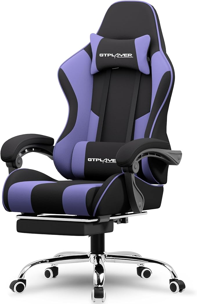 GTPLAYER Gaming Chair, Computer Chair with Footrest and Lumbar Support, Height Adjustable Game Chair with 360°-Swivel Seat and Headrest and for Office or Gaming (Purple, Fabric)
