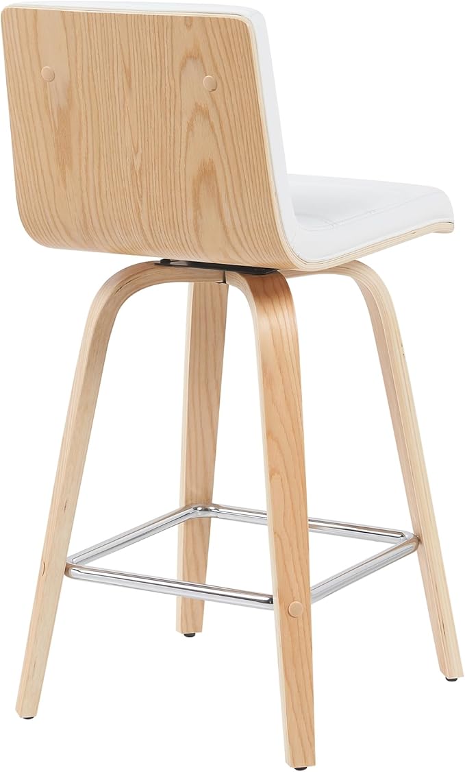 Vienna Modern Counter Height Swivel Bar Stool with White Faux Leather Seat and Patterned Oak Wood Frame Set of 4